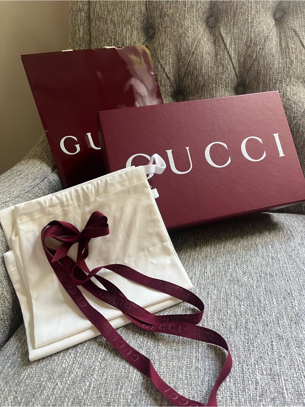 Gucci burgundy gift box, ribbon, bag and linen shoe cover set .